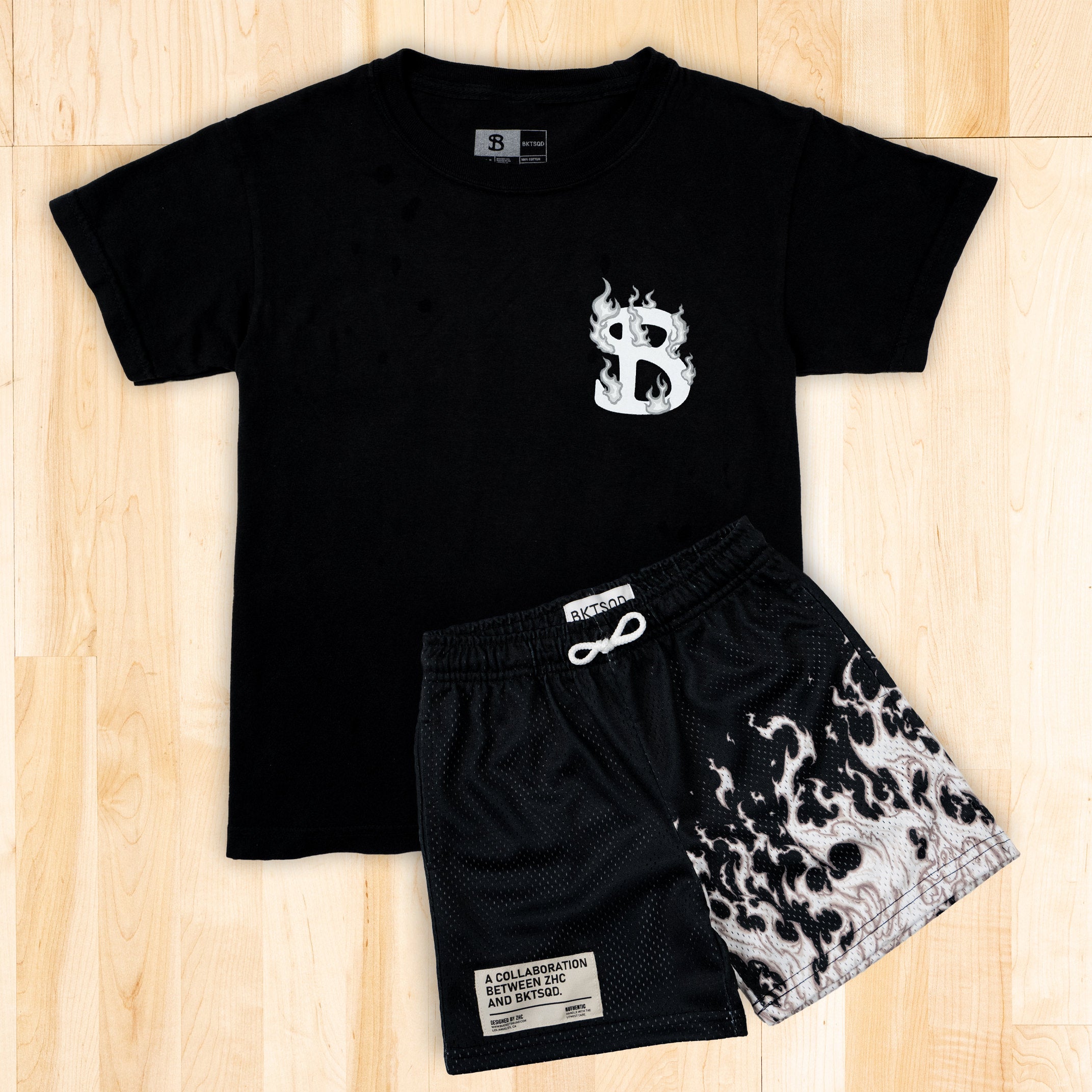 ZHC x BKTSQD YOUTH BLACK TEE- WHITE FLAME