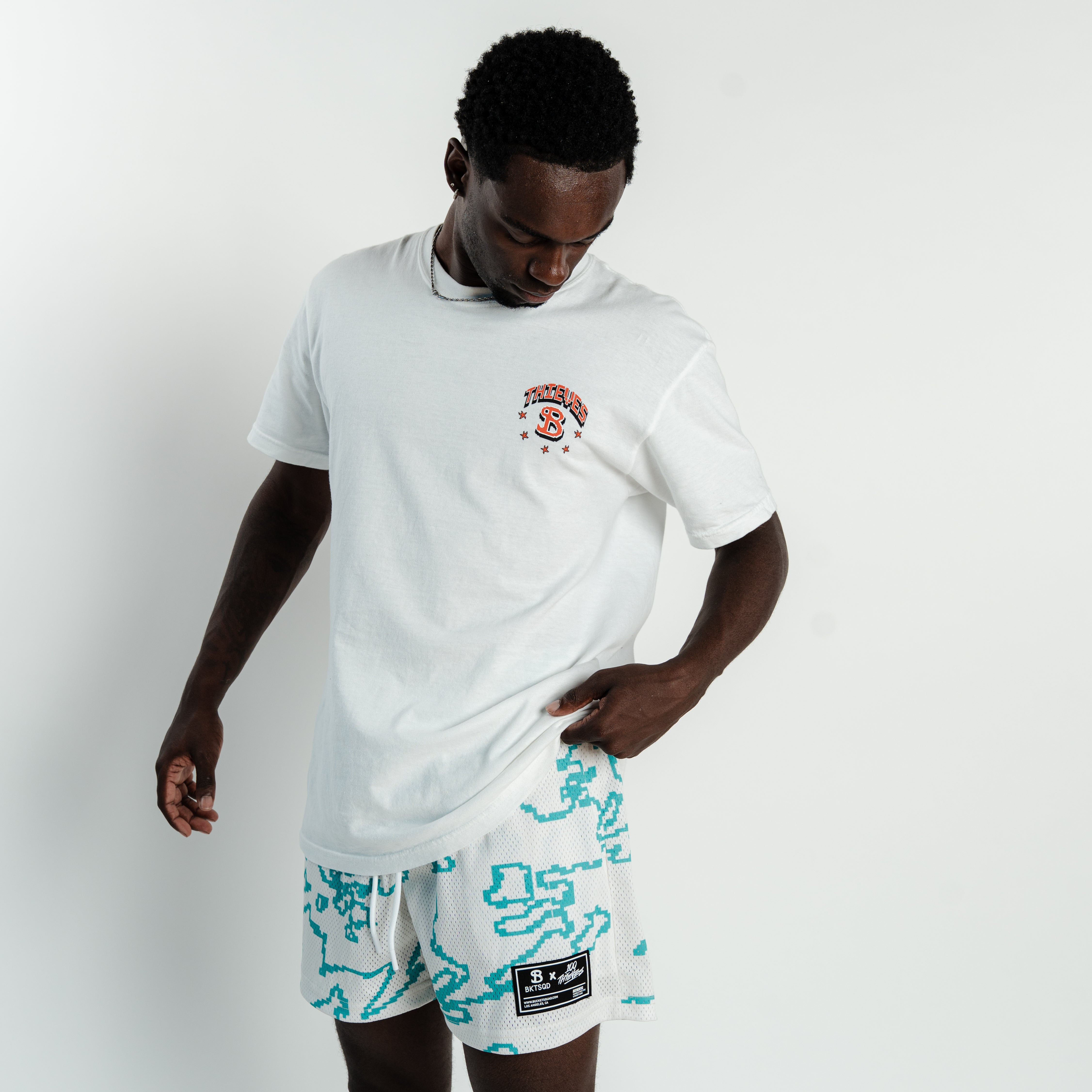 Bucketsquad 100 Thieves Teal Geo Shorts | Adult Basketball Shorts