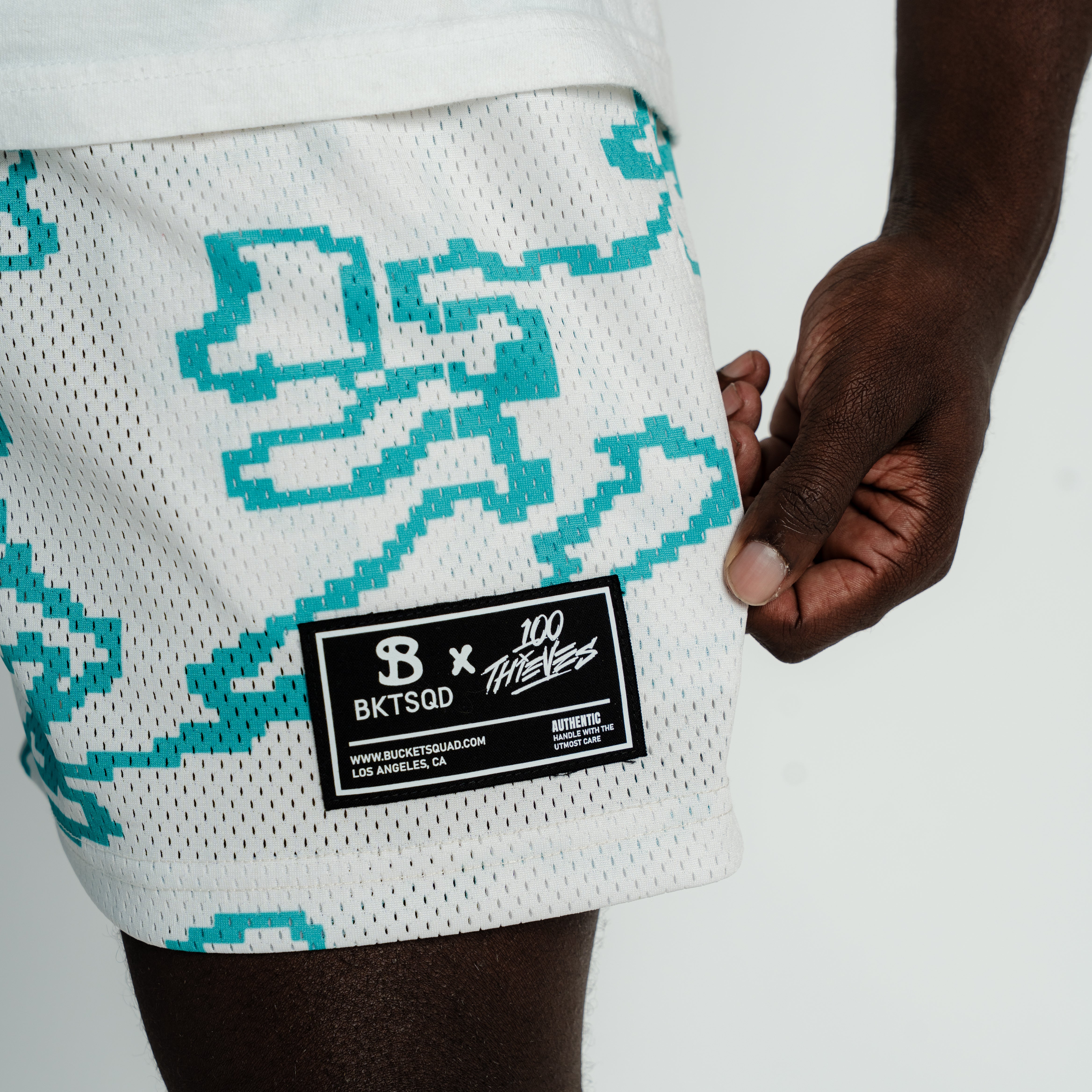 Bucketsquad 100 Thieves Teal Geo Youth Shorts | Kids Basketball Shorts