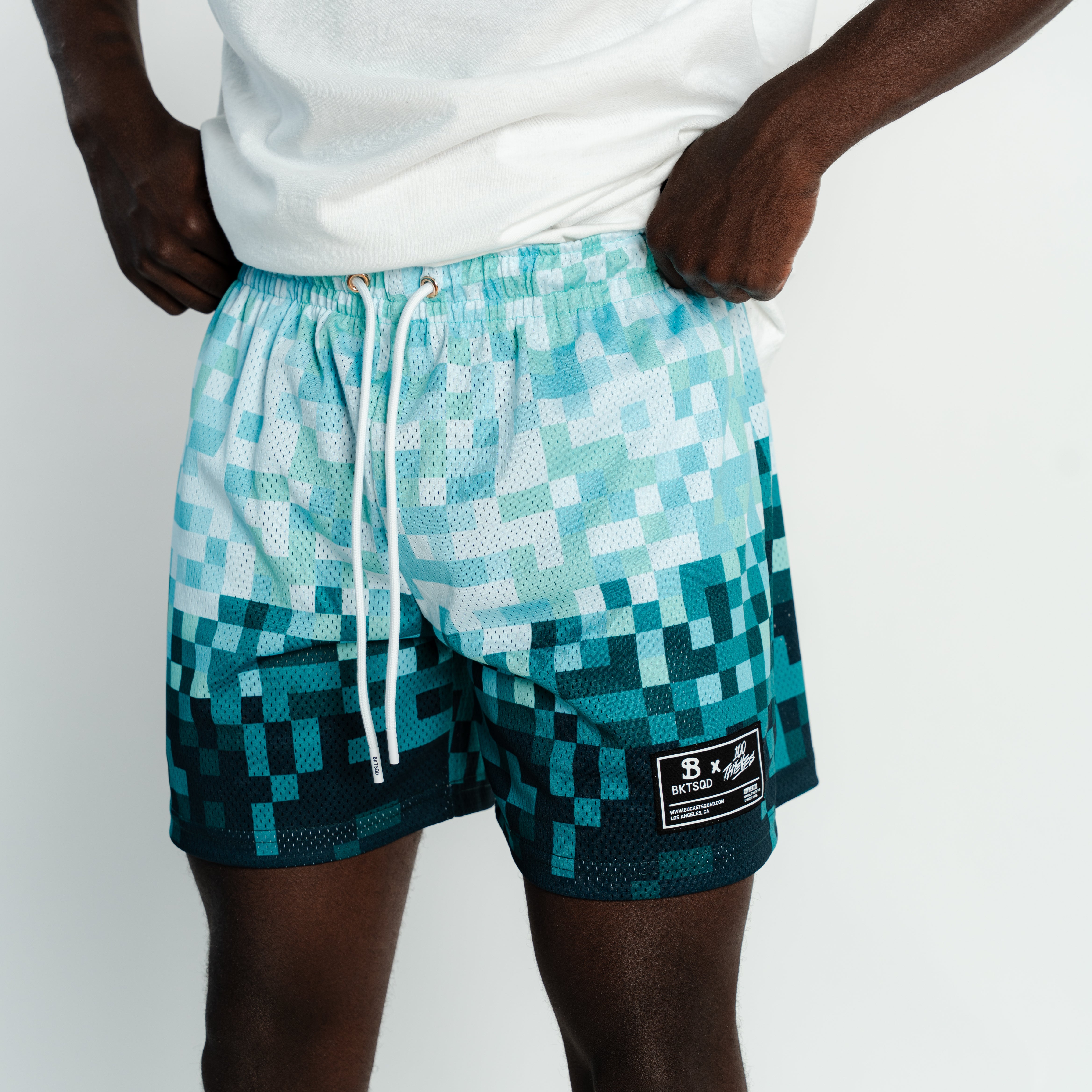 Bucketsquad 100 Thieves Teal Pix Shorts | Adult Basketball Shorts