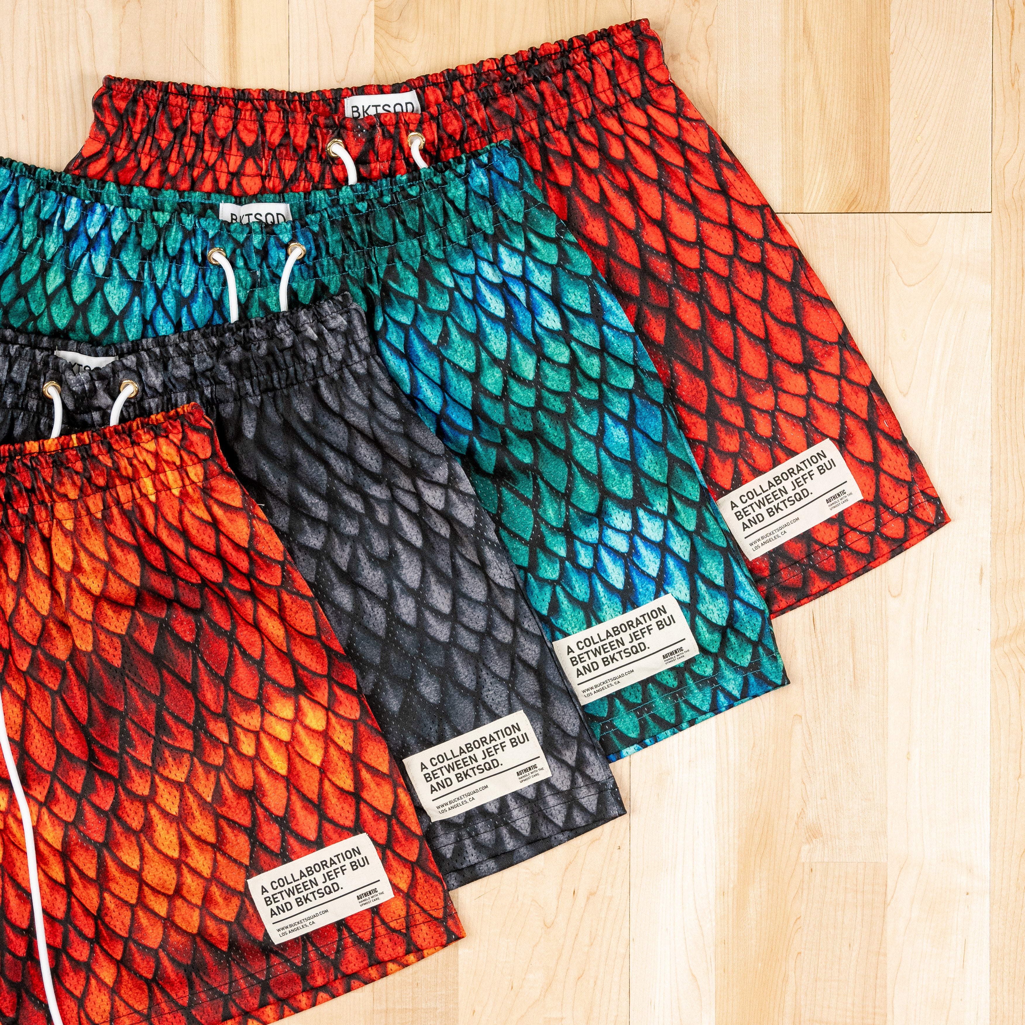 JEFF BUI x BKTSQD DRAGON SCALE SHORTS - FIRE DRAGON