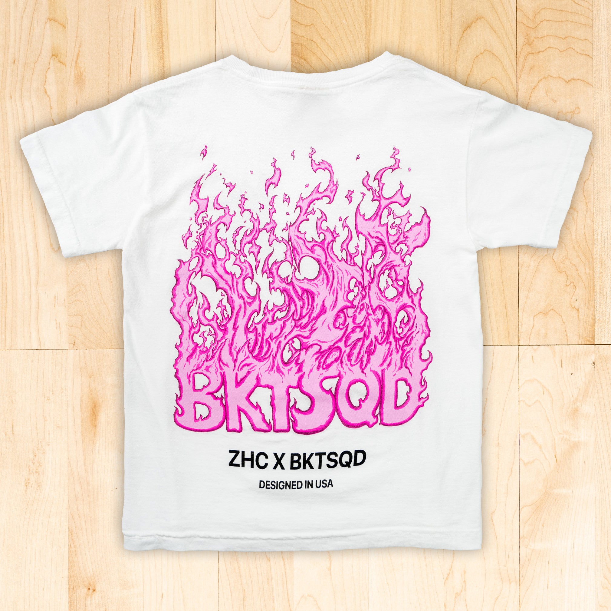 ZHC x BKTSQD YOUTH WHITE TEE- PINK FLAME