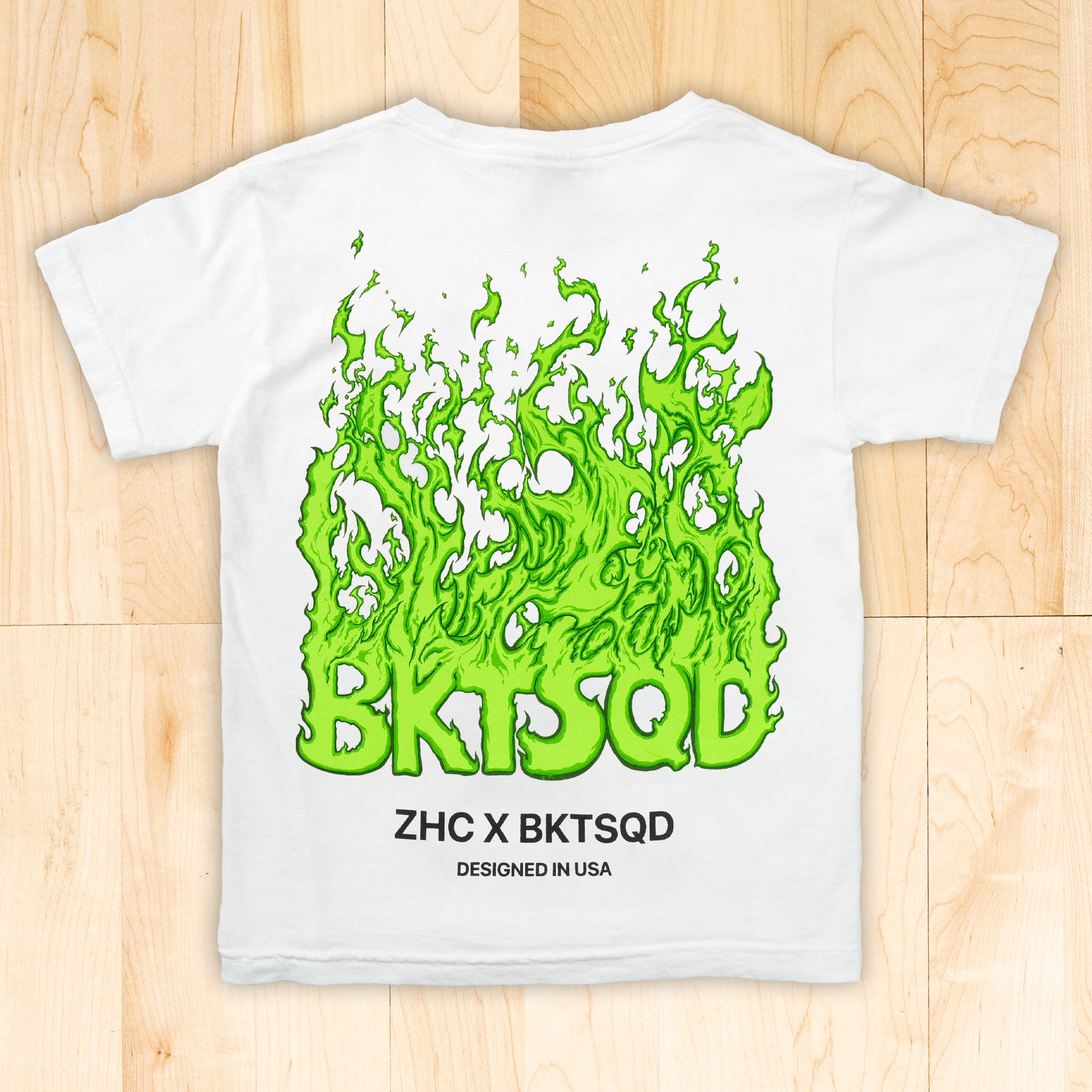 ZHC x BKTSQD YOUTH WHITE TEE- GREEN FLAME