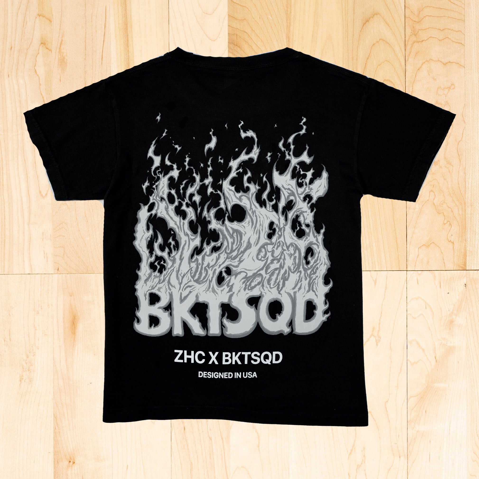 ZHC x BKTSQD YOUTH BLACK TEE- WHITE FLAME